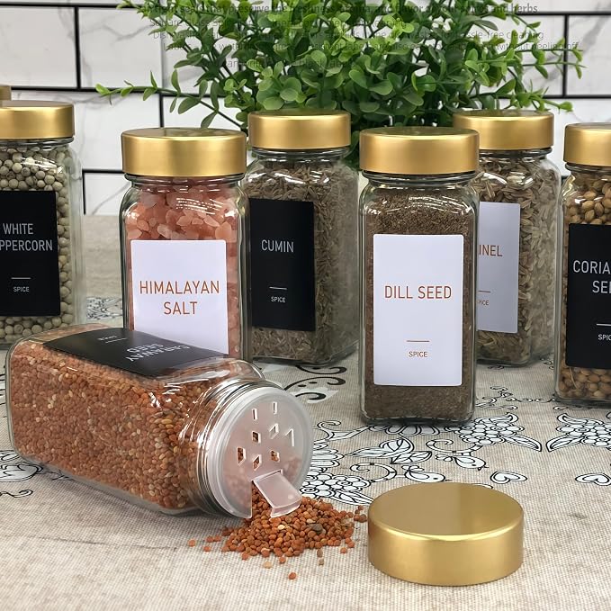 24 Pack Spice Jars with Labels - 4oz Square Glass Seasoning Containers with Shaker Lids & Airtight Metal and Plastic Caps - Complete Spice Organizer Set for Cabinet, Drawer & Rack (24)