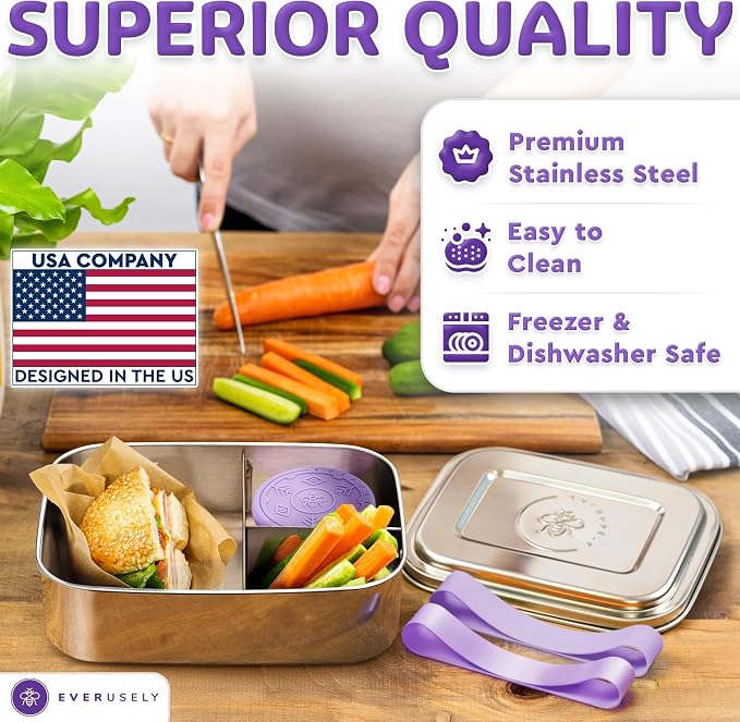 Stainless Steel Bento Box + Condiment Container - Lavender, 60oz / 1.8 L | Everusely extra large metal lunch box, leakproof sauce container, 3 compartment snack organizer, freezer & dishwasher safe