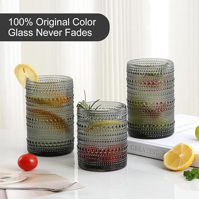 ZMOWIPDL 12oz & 15oz Hobnail Drinking Glasses,Grey Glass Cups Set of 8 | Vintage Highball Glassware，Kitchen Drinkware，Embossed Water Tumbler,for Beer,Cocktail,Whiskey,Juice,Various Mixed Drinks