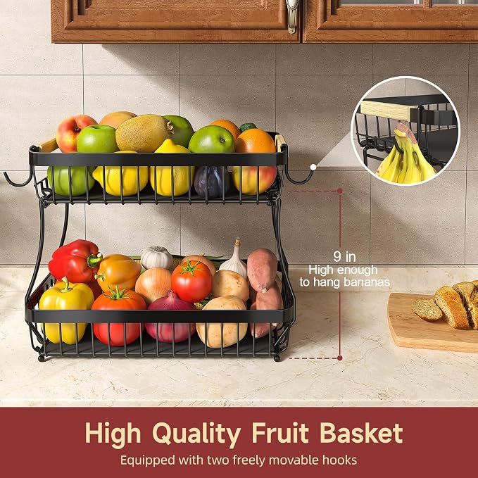 3-Tier Fruit Basket with Banana Hangers, Detachable Metal Bowl | Wooden handle, protective mats included. Versatile holder for bread, snacks, and veggies. Large 3 tier metal design.