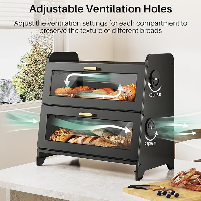 SNTD 2 Tier Bread Box for Kitchen Countertop, Adjustable Ventilation, Black | Bamboo Cutting Board, Airtight Design, See-Through Magnetic Door, Bread Storage Container for Homemade Bread, Multi-purpose