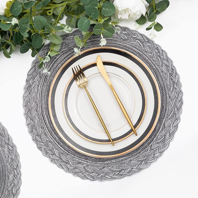 SHACOS Round Placemats Set of 6 Woven Round Table Mats 15 inch Braided Border Washable Cotton Polyester Circle Place Mats, Gray