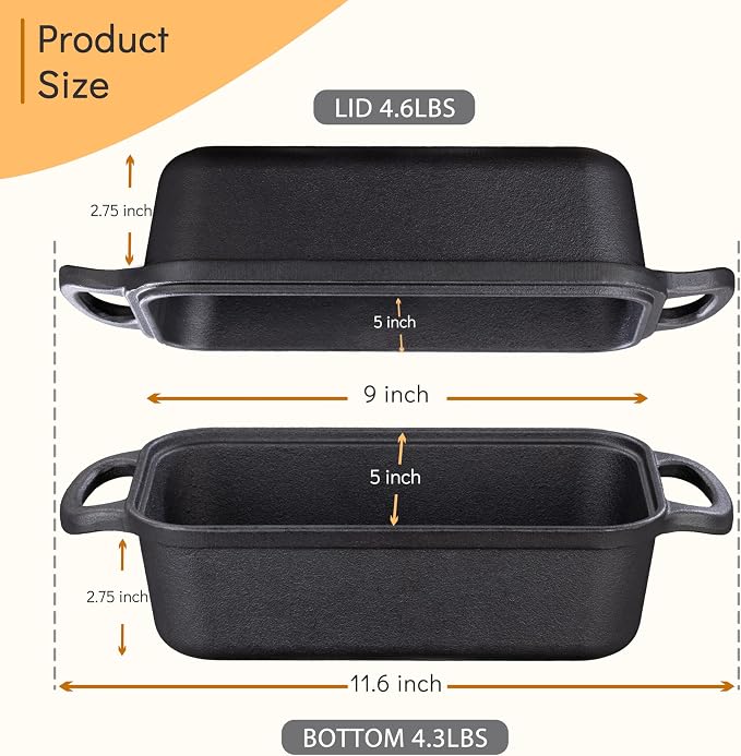 GRMImosa Cast Iron Loaf Pan with Lid, Pre-Seasoned 9x5" Sourdough Pan | Cast Iron Loaf Pan with Lid, Heavy-duty 9x5 Inch Baking Pan for Sourdough Bread, 2-in-1 Design, Even Heat Distribution, Black