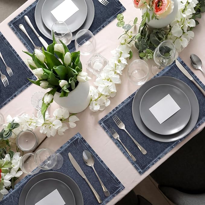 100 Pcs Denim Paper Placemats Faux Jean Blue 14 x 10 Inch Disposable Place Mats for Western BBQ Cowboy Wedding Bridal Shower Party Home Table Kitchen Decor