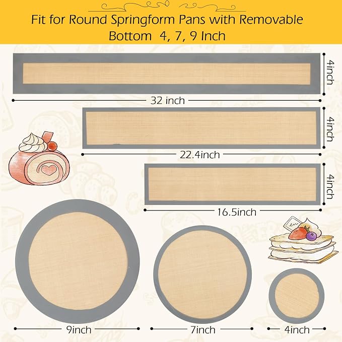 Honeydak 3 Set Silicone Baking Mat for 4, 7, 9 Inch Springform Pan Protector Nonstick Reusable Cake Pan Liners for Cheesecake Baking Prevent Sticking to Bottom & Side, Easy Release & Clean(Gray)