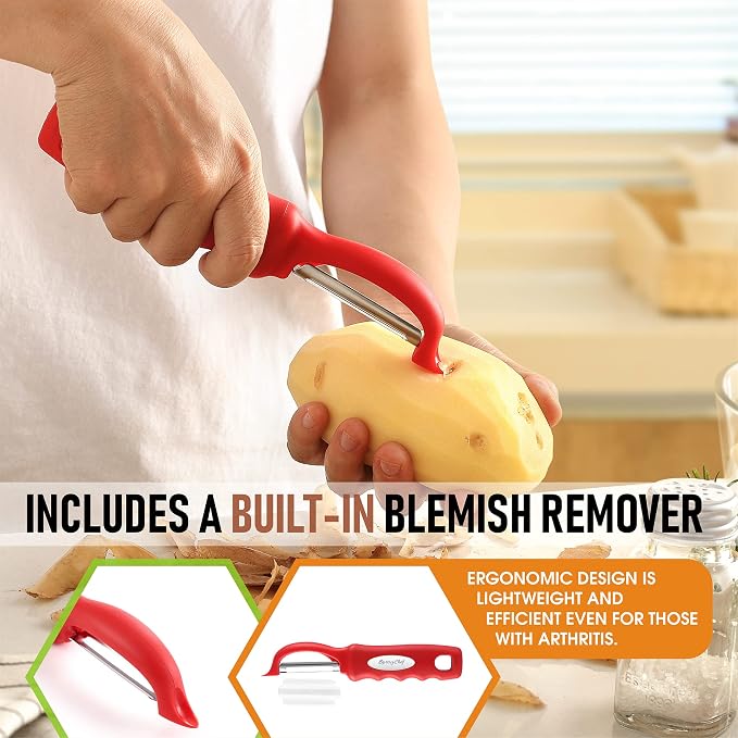 Spring Chef Swivel Vegetable Peeler for Kitchen with Soft Grip Handle, Red | Premium Potato Peeler w/ Ultra Sharp Stainless Steel Blades, Multifunctional Veggie Peeler for Apple, Carrot, Cucumber, Fruit