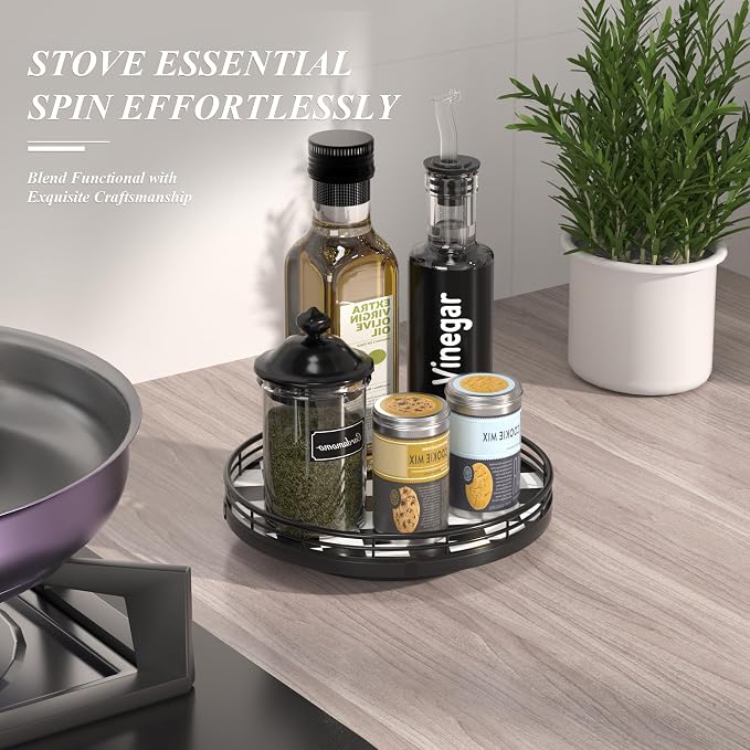 AMH 9-Inch Black and White Checkerboard Lazy Susan with Oak Base | Smooth rotating oak tray with walnut finish for dining tables, kitchen counters, pantries and cabinet storage.