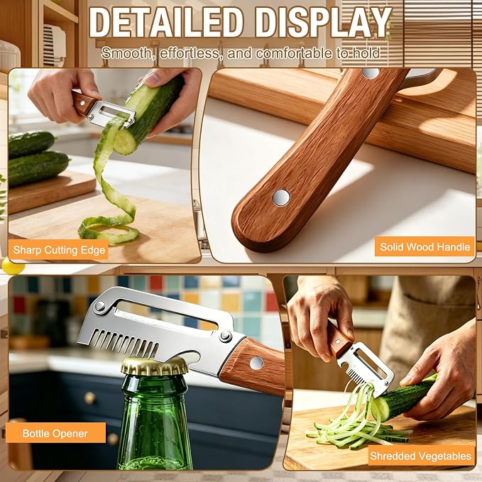Multifunctional Vegetable Peeler 3-in-1, Julienne Peeler, Fruit Peeler Knife with Ergonomic Wood Handle, Stainless Steel Blade for Efficient Peeling, Grating & Slicing（2PCS)