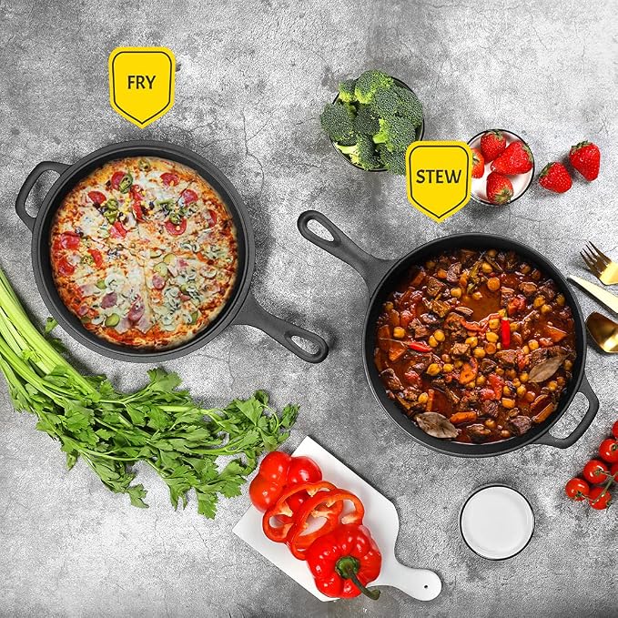 EDGING CASTING 2-in-1 Pre-Seasoned Cast Iron Dutch Oven Pot with Skillet Lid Set, 10" Skillet 3QT Pot for Cooking, Baking, Frying and Camping