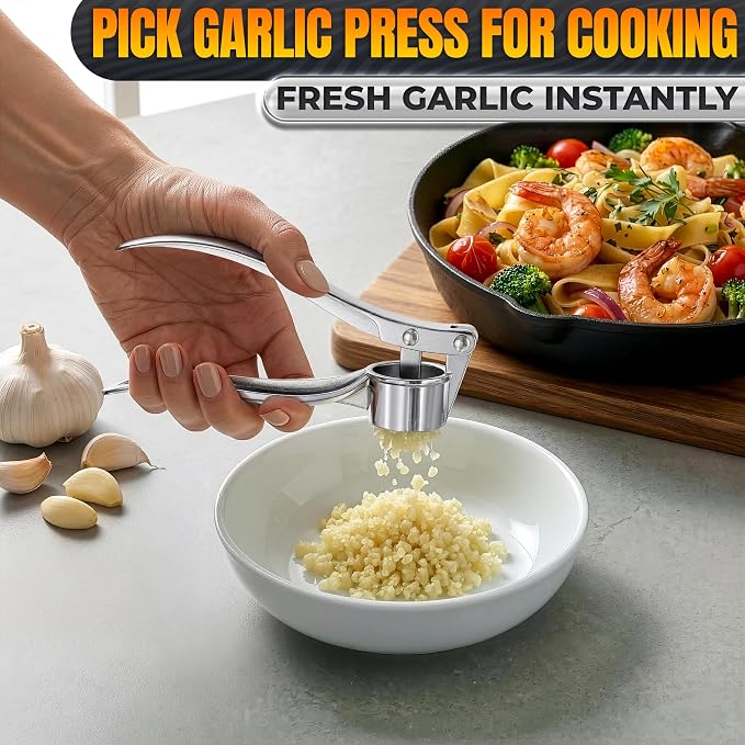 Metal Garlic Press - Ginger Mincer with 37 Built-In Studs for Maximum Extraction, Garlic Crusher for Ginger and Soft Nuts, Rust-Resistant, Ergonomic Handle, No Peel Needed, Hand Wash Only, Silver