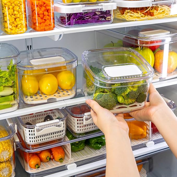 Felli Duo Fresh Veggie Keeper for Fridge with Vent & Drain Trays, LARGE Fruit Vegetable Storage Container for LONG Produce Veggie, Cabbage Celery Lettuce Asparagus Zucchini Saver for Refrigerator