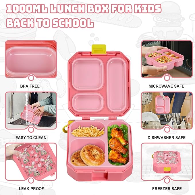 Itslife Bento Lunch Box Set for Kids with 12oz Soup Thermo&Lunch Bag, Leak-Proof Lunch Food Containers for Kids School, 5 Compartment, Sauce Cup, 10 Notes (Unicorn Pink)