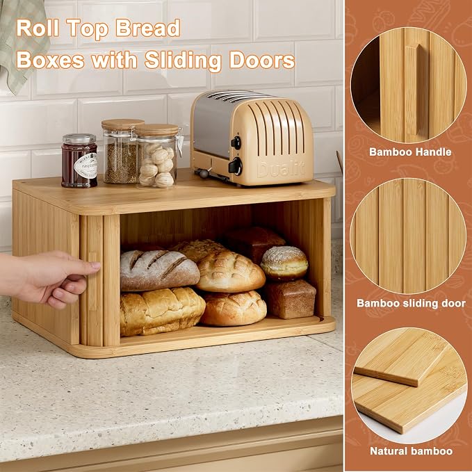 WOWLIVE Roll Top Bread Box for Kitchen Countertop, Bamboo Bread Storage | Airtight Bread Containers, Large Bread Bin with Sliding Door for Loaves, Bagels, Countertop Storage Cabinet, Natural, Medium