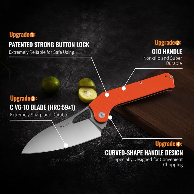 Folding Kitchen Chef Knife, 4.4" Foldable Camping Knife with 10cr15mov Stainless Steel Blade, Anti-skidding and Ergonomic Designed G10 Handle for both Indoor and Outdoor Cooking