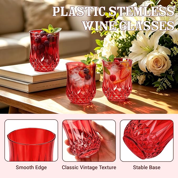 24 Pack 12 Oz Plastic Stemless Wine Glasses, Red | Unbreakable, Reusable, Elegant Vintage Design, Fancy Cocktail Cups, Whiskey, Champagne, Wedding, Party, Bars, Holiday Events