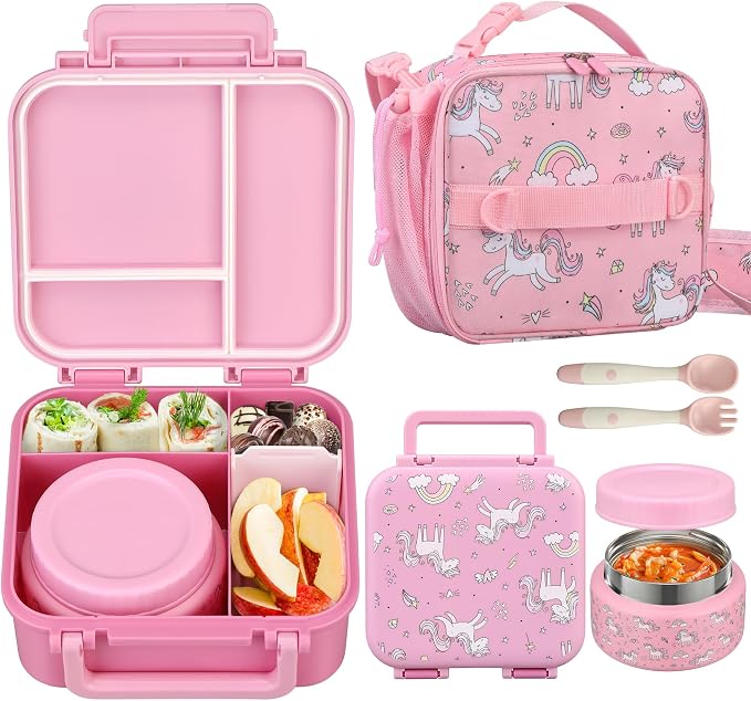 Kids Lunch Box Set with Bento Box, 9oz Stainless Steel Thermo & Insulated Lunch Bag – Hot & Cold Leakproof Lunch Container with Utensils for School & Travel