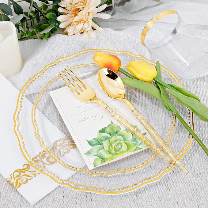 175 Pcs Clear Gold Plastic Plates, Serves 25, for Wedding & Party | Clear plastic plates with elegant gold rim & glitter-handle cutlery. Perfect for weddings. Durable and easy to clean.