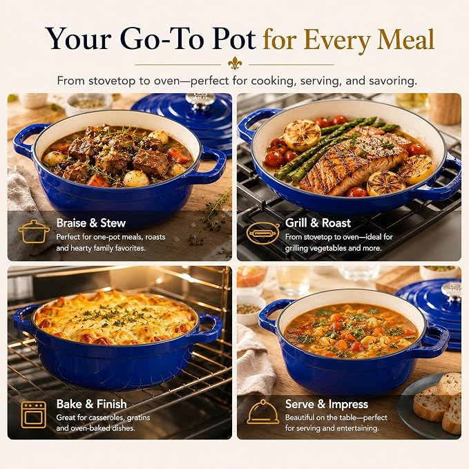 AHJ Cast Iron Dutch Oven Set - 4 Piece Nesting Enameled Cookware with Lid | 4.8Qt 2.6Qt 1.3Qt Enameled Cast Iron Cookware Set for Sourdough Bread Baking, Slow Cooking, Stews, Braising & Roasting, Blue