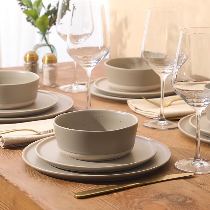 Gibson Elite Humphrey Lane 12 Piece (Service for 4) Plates and Bowls Reactive Glaze Dishes Stoneware Ceramic Dinnerware Set - Taupe