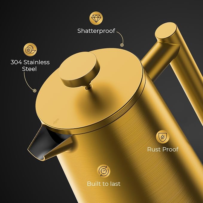 French Press Coffee Maker, Stainless Steel French Press 34 Oz / 1L, Double Wall Insulated Coffee Press with 3 Extra Mesh Filters, Metal Coffee Maker for Coffee & Tea, Satin Finish, Gold