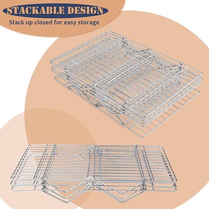 E-far 4-Tier Stainless Steel Cooling Rack, 15”x10.1" for Cooking and Baking | Stackable Wire Cooling Rack with Folding Leg, Non-toxic for Baking Cooking Cookies, Oven Safe & Dishwasher Safe