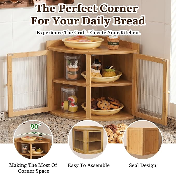 Baveke Bread Box for Kitchen Countertop, Corner Bread Box & Bamboo Breadbox, Large Bread Storage with Double Layer, Vintage Storage for Homemade Bread, Natural