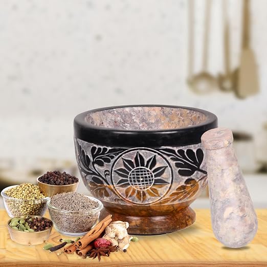 Mortar and Pestle, Made of Heavy Duty Polished Hard Stone, Natural Stone Grinder for Spices, Pastes, Herbs, Seasoning etc. (Black & Yellow)