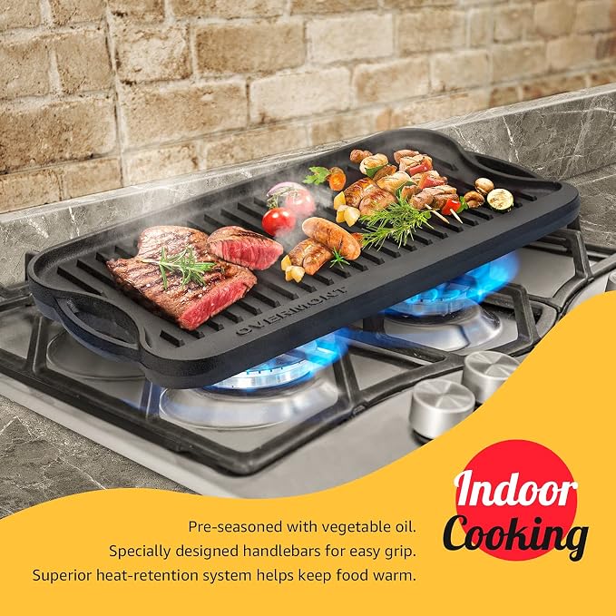 Overmont Reversible Cast Iron Grill - 17" x 9.8" Dual-Sided Griddle Pan | Pre-Seasoned Griddle Double Burner Cookware with Handles, for Gas Grill Stovetop Oven Campfire Camping BBQ, Scrapers Included