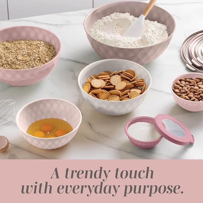 COOK WITH COLOR Mixing Bowls with Lids - 12 Piece Plastic Nesting Bowls Set includes 6 Prep Bowls and 6 Lids, Microwave Safe Mixing Bowl Set, Pink Diamond