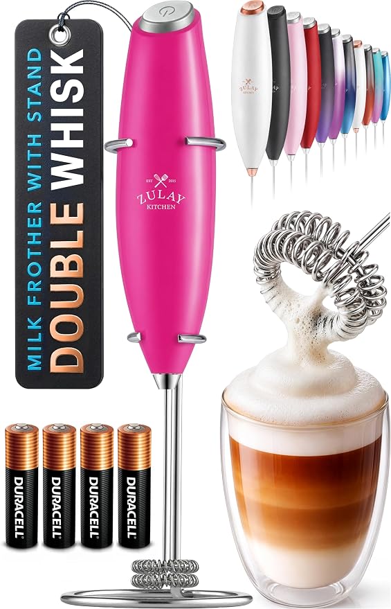 Zulay Kitchen Powerful Milk Frother Wand With Duracell Batteries - Ultra Fast Handheld Drink Mixer - Electric Whisk Foam Maker for Coffee, Lattes, Cappuccino & Matcha - Double Whisk - Dragonfruit