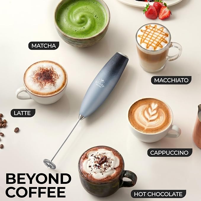 Zulay Powerful Milk Frother for Coffee with Upgraded Titanium Motor - Handheld Electric Whisk, Milk Foamer, Mini Mixer & Coffee Blender for Frappe, Latte, Matcha, No Stand - Storm
