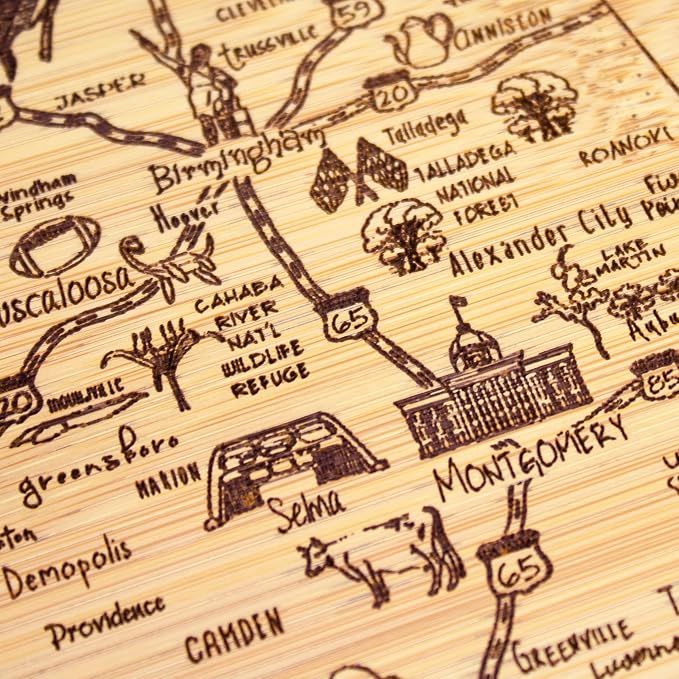 Totally Bamboo A Slice of Life Alabama Engraved Map Cutting Board | 11” x 8.75” charcuterie board with engraved state map artwork. Smooth reverse side for food prep. Hang tie for wall display.