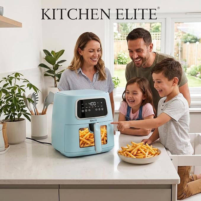 Kitchen Elite 5.5 Qt Compact Digital Air Fryer, 7-in-1 Small Airfryer with LED Screen, Nonstick Dishwasher Safe Basket, Space-Efficient Design, Blue
