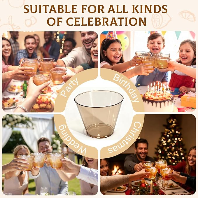 Glowserve 9 OZ Brown Disposable Plastic Cups Cocktail Cup 50 Pack | Fancy Cocktail Cup,Stemless Wine Glass,Wedding Wine Glasses,Graduation Birthday,World Cup,Party Essentials