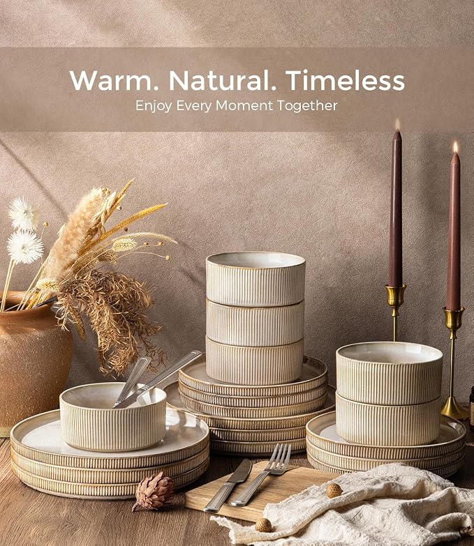 GBHOME Stoneware Dinnerware Sets for 4,16-Piece Plates and Bowls Set | Handmade Reactive Glaze Ceramic Dish Set, Scratch Resistant, Dishwasher&Microwave Safe,Cappuccino