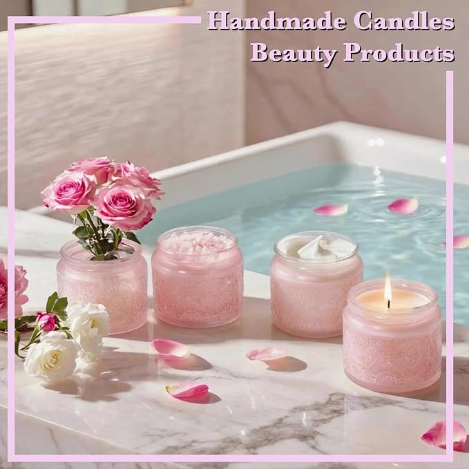 4 oz Decorative Small Glass Jars with Airtight Bamboo Lids, Pink 6 Pack | Vintage embossed color coated containers, kitchen pantry bathroom organization & decor, spices, DIY gifts, candle making