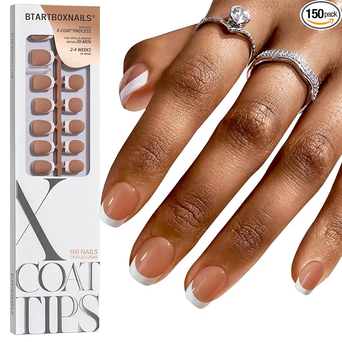 BTArtboxnails XCOATTIPS White French Tip Press On Nails, XS Squoval, Brown | Lamp-Curable, 4-Week Wear, Natural Nail Look, Salon Quality Value at Home, Easy-to-Apply for Beginners, 160ct Nail Tips Only
