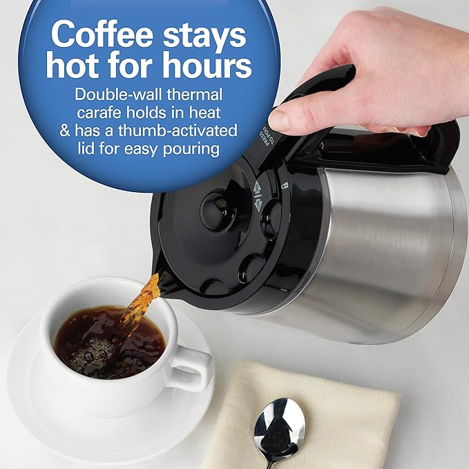 Hamilton Beach Programmable Drip Coffee Maker with 10 Cup Thermal Carafe | 3 Brewing Options | Auto Shutoff & Pause and Pour | Stainless Steel | 46899R