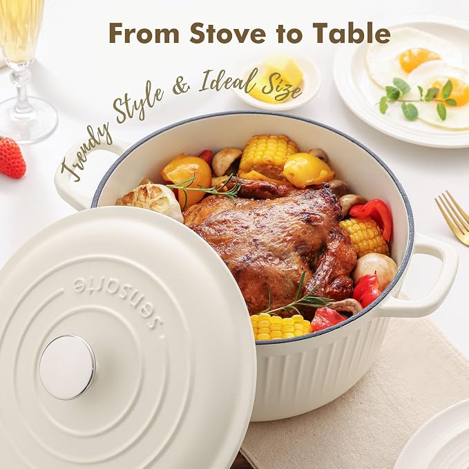 SENSARTE 5.5QT Enameled Cast Iron Dutch Oven Pot Casserole Dish with Lid | Premium Enamel Round Dutch Pot for Bread Baking, Stews, Braising & Roasting, Oven Safe, Induction Compatible, White