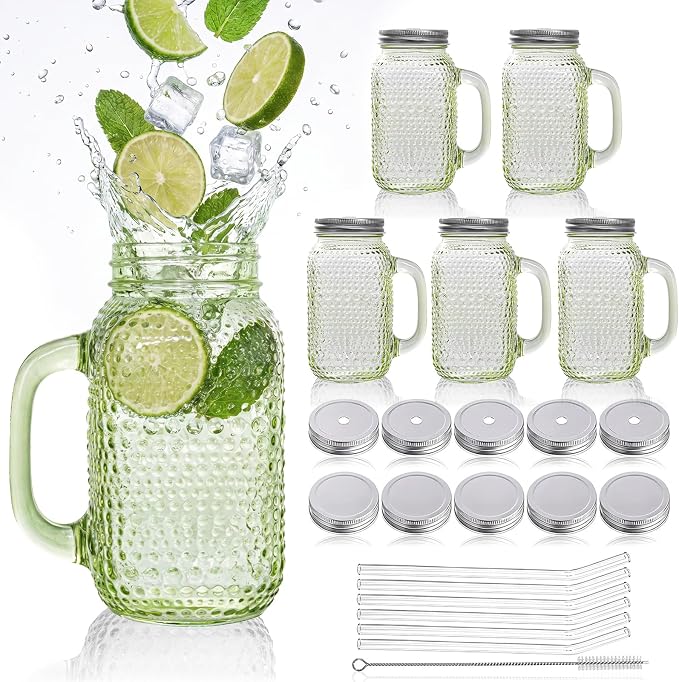 DaYammi 6 Pack 24oz Hobnail Mason Jars Cups Drinking Glass Cups with Lids & Straws, Green Wide Mouth Mason Jars Cups with Handle, Tumblers for Coffee Smoothies, Iced Tea, Juice, Beer, Cocktail
