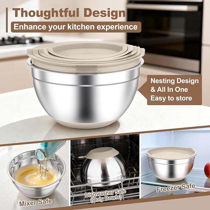 TeamFar Mixing Bowls, Stainless Steel Salad Bowls with Lids - Khaki | Nesting Bowls with Non-slip Bottom, for Kitchen Baking Preparing Serving, Stackable & 6PCS - 4.6 /2.6 /2 / 1.5 /1 / 0.7 Qt