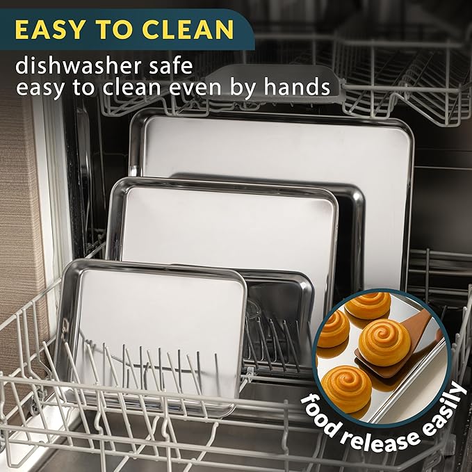 Stainless Steel Cookie Sheet Set of 3, 9/12/16" Baking Sheet Pans | Baking Set of 3, Mirror Finish, Non-Stick, Rust Resistant, BPA Free, Dishwasher Safe, 9/12/16"