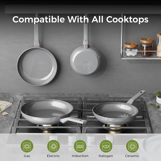 Sanho 8'' 10'' NonStick Frying Pan, Diamond-Titanium Ceramic Frying Pans Skillet, Non Stick Egg Pans with Stay Cool Handle for Induction, Dishwasher & Oven Safe, PTFE & PFOA Free, Non Toxic