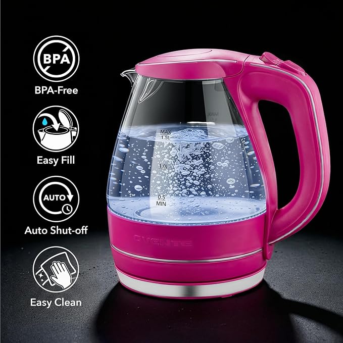 OVENTE 1.5L Glass Electric Kettle Water Boiler, Pink KG83F | 1100W Fast Boiling, Borosilicate Glass, BPA-Free, Blue LED, Auto Shut-Off, Boil-Dry Protection, Removable Filter, 360° Base