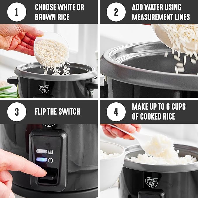 GreenLife Rice Cooker, 3-Cups Uncooked/6-Cups Cooked, Black | PFAS-Free Ceramic Nonstick Removable Pot, One-Switch Design, Grains Multicooker, Keep Warm, Dishwasher Safe Parts, Easy Clean