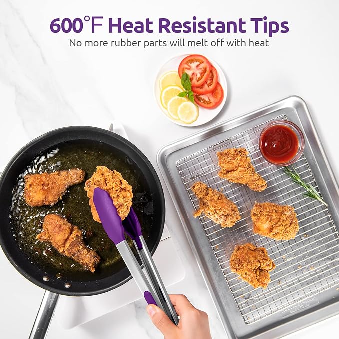 U-Taste Kitchen Tong for Cooking, 600ºF Heat-Resistant Tps, 12in/Purple | Large Tongs for Serving Food, Big Rubber Tong for Grill/BBQ, Silicone Tips & 18/8 Stainless Steel Handle, Smooth Locking