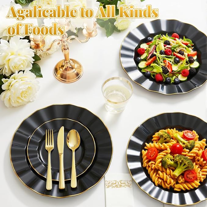 Glowserve 175 Piece Disposable Plastic Plates Dinnerware Set for 25 Guests | 50 Plastic Plates,25 Silverware Set,25 Cups and Napkins,Wedding Birthday,Family Party,Fancy Plastic Plates