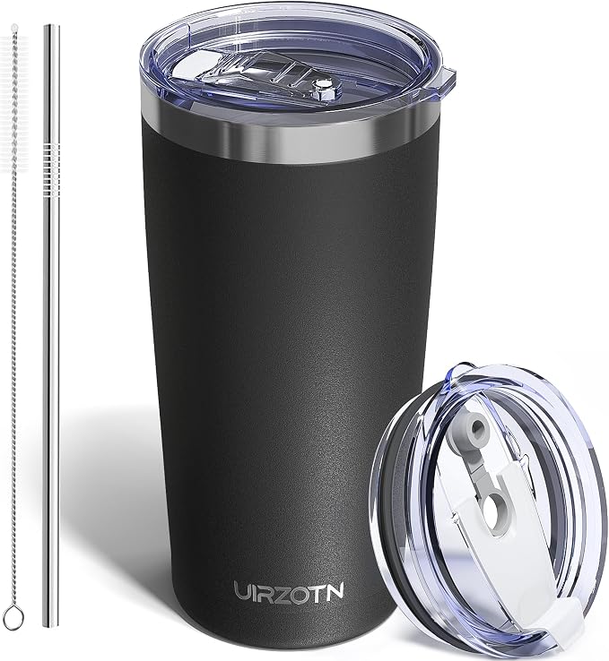 20oz Travel Coffee Tumbler with 2 Lids and Straw, Stainless Steel | Double Wall Vacuum Insulated Tumbler, Coffee Mug for Hot & Cold Drinks, Fits Most Car Cup Holders, Black
