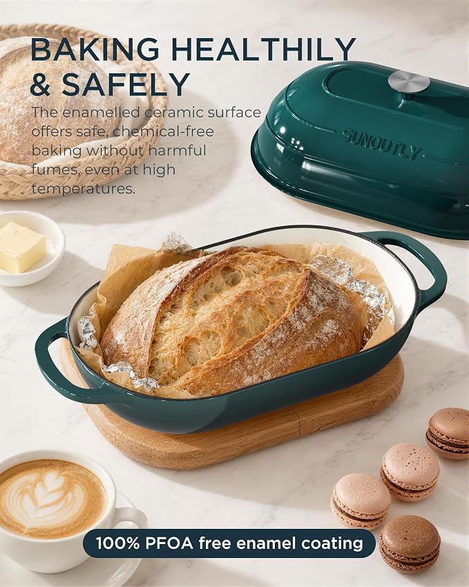 Enameled Cast Iron Bread Oven, 5QT Cast Iron Dutch Oven for Homemade Sourdough Bread Baking, Oval Bread Pot with Dome Lid & Cotton Potholders, Bottle Green