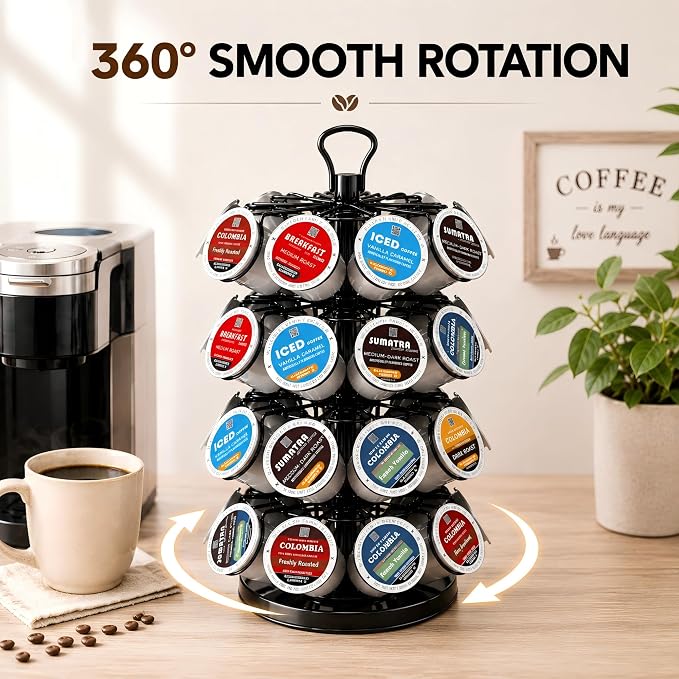 K Cup Holder-Coffee Pod Holder Organizer for 36 Pods,4-Tier K Cup Storage | K Cup Organizer,Stable Base,360°Rotating K Cup Carousel,Space-Saving for Countertop&Office,Coffee Pod Carousel Easy Assembly